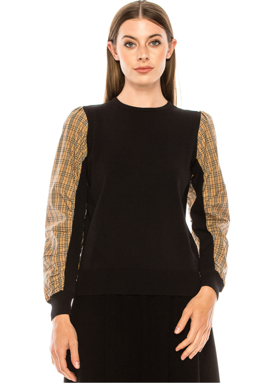 Black Checkered Pattern Loose Drop Shoulder Half Sleeve Sweater